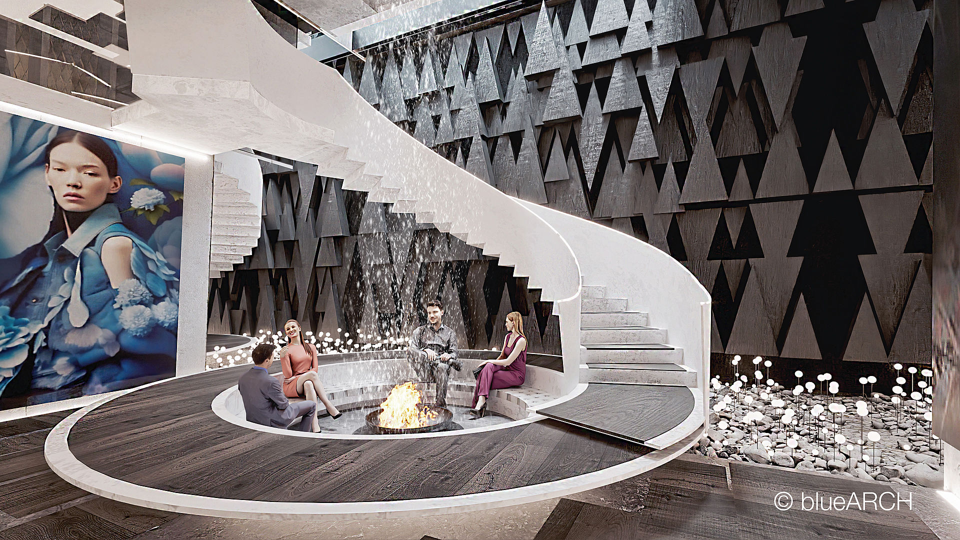 Designer-Lounge mit Wendeltreppe, Feuerstelle und Schneefall-Installation