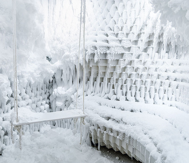 Snow room with cubic ice structure and swing at Krallerhof Spa