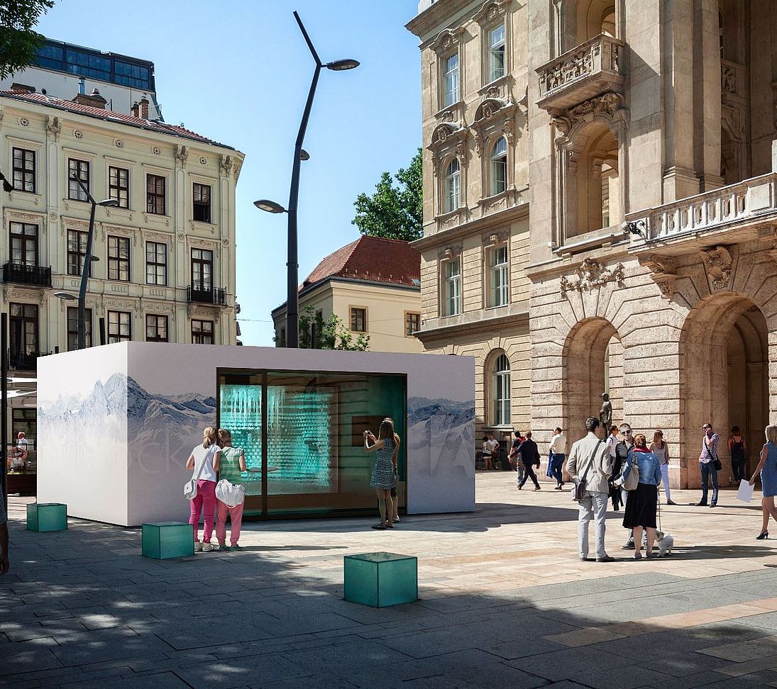 Rendu d'un pavillon de neige indoor TechnoAlpin sur place urbaine avec passants