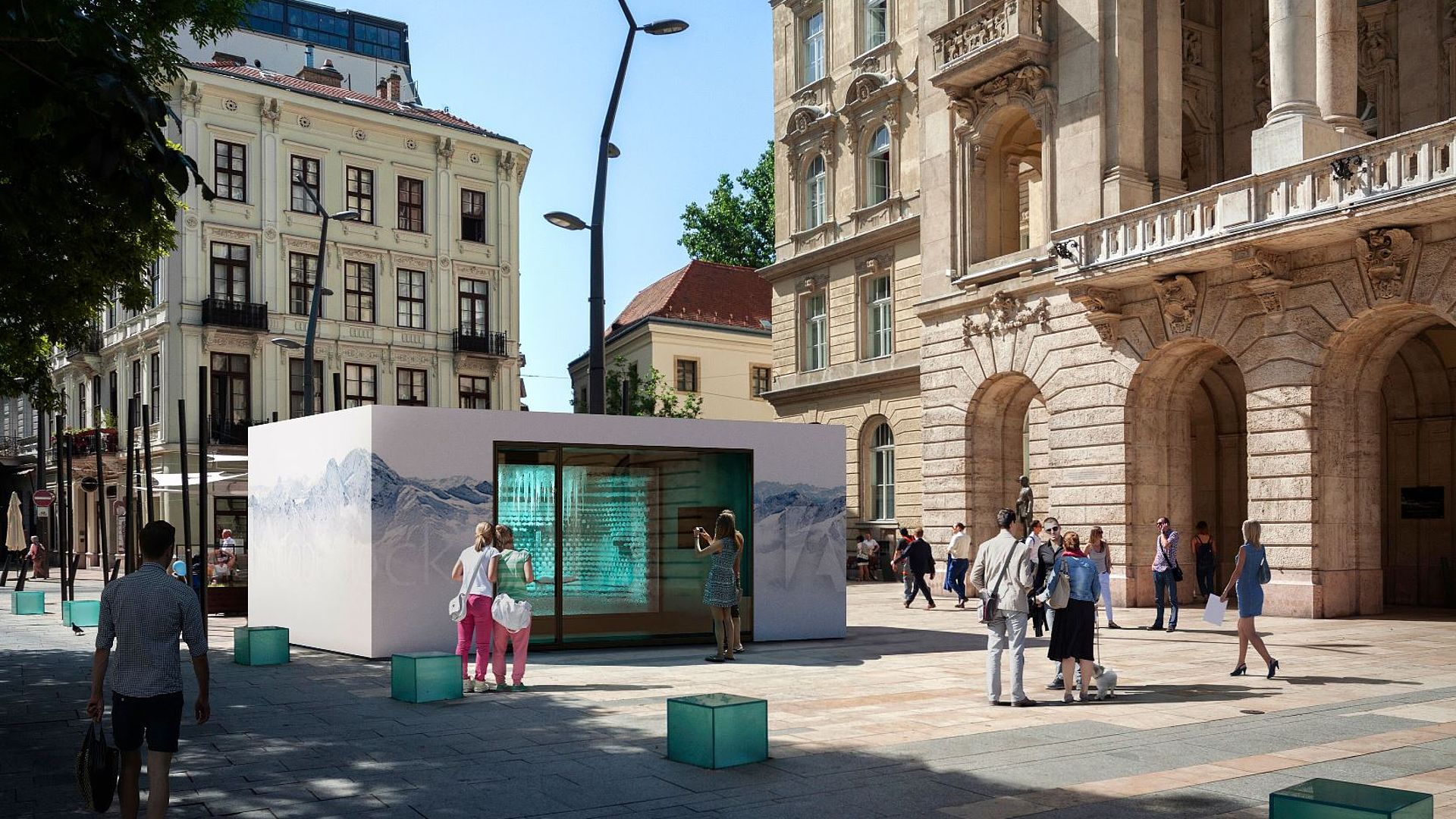 Rendering eines TechnoAlpin Indoor-Schneepavillons auf städtischem Platz mit Passanten