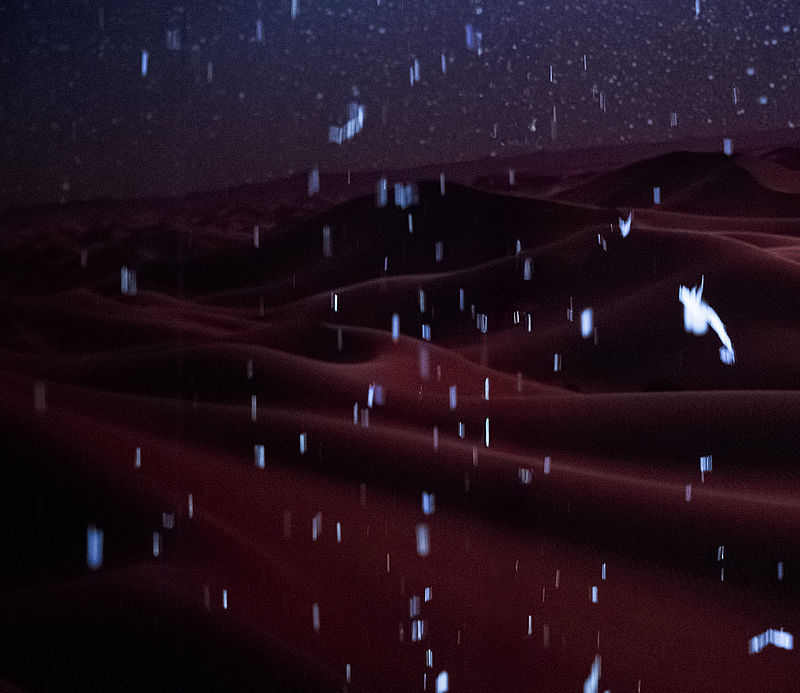 Detail snowroom with falling snowflakes in front of starry sky and red sand dunes