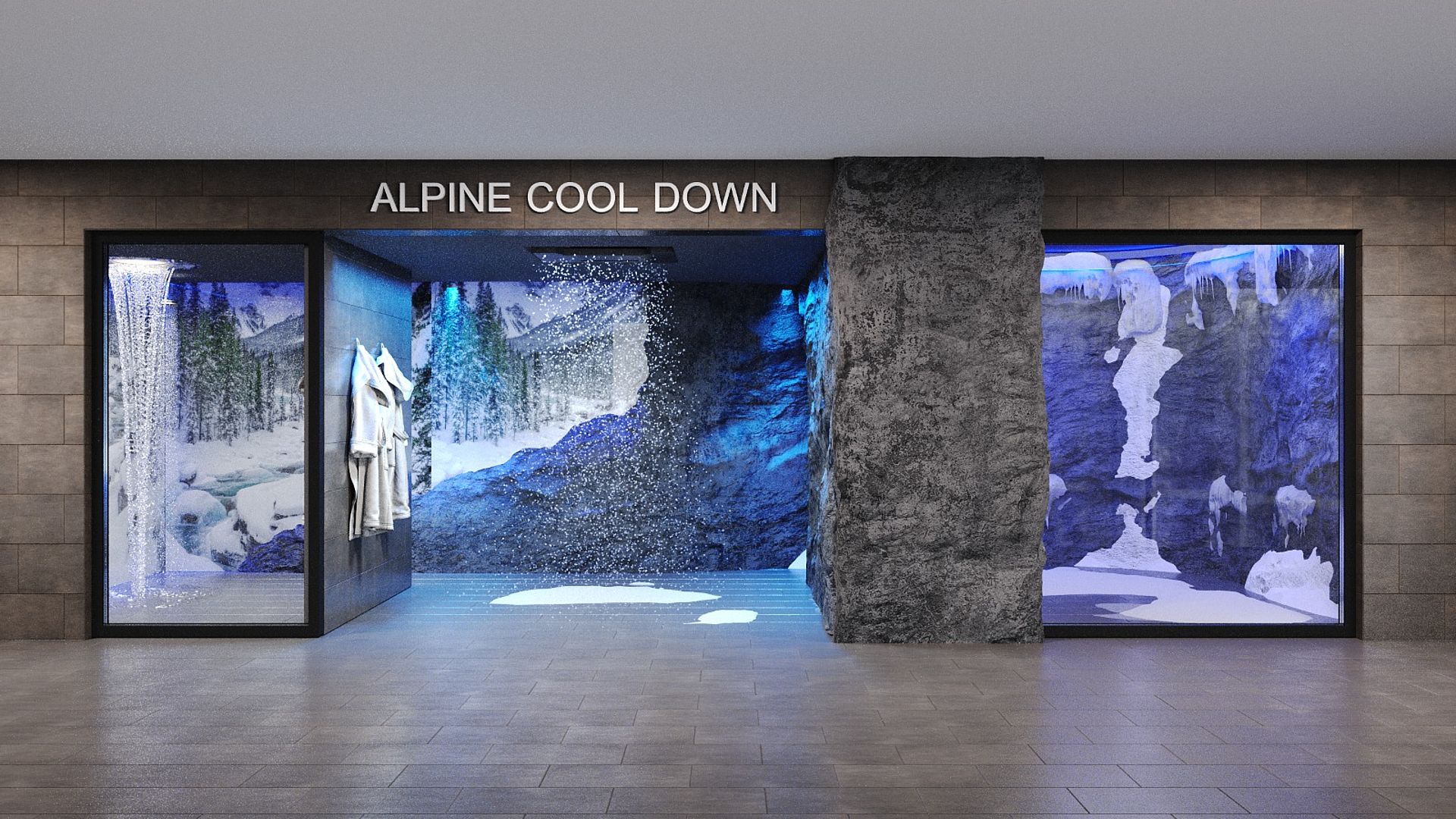 Alpine Cool Down spa area with snow wall, ice cave and bathrobes
