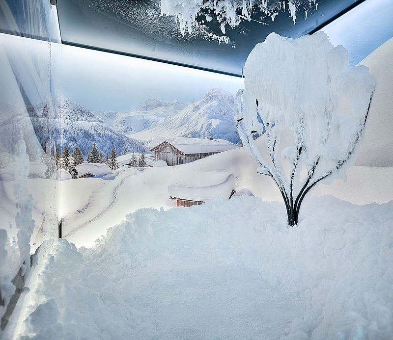 Schneeraum mit künstlichem Schnee, vereistem Baum und Alpenlandschaft-Wandbild im Hintergrund.