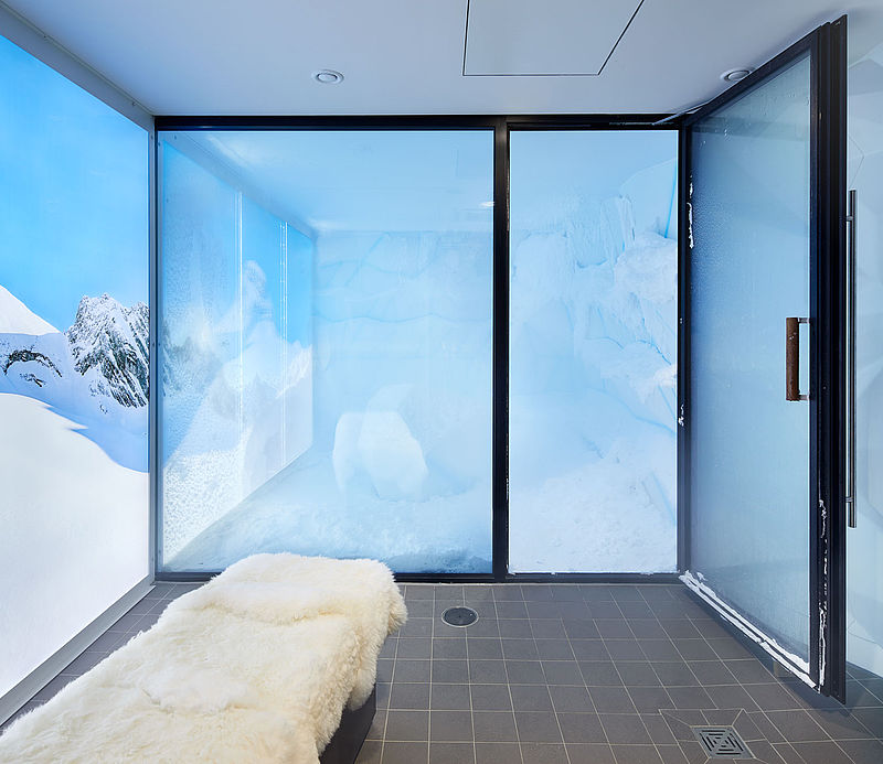 Minimalistische Schneekabine mit Schaffell-Liege, Glastür und Bergpanorama-Wandmotiv.