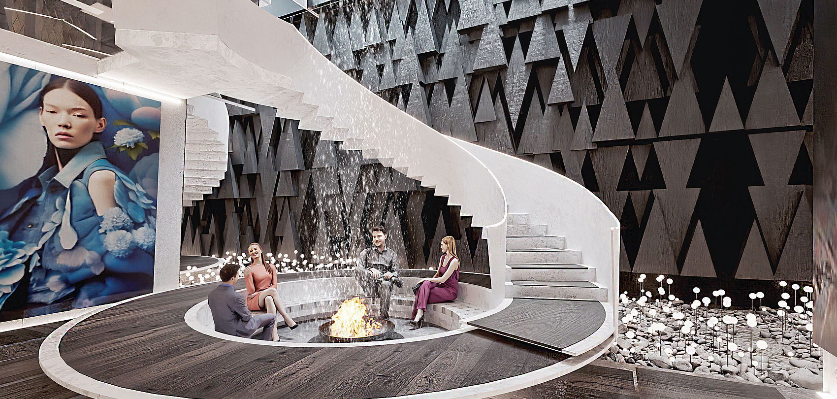 Rendering of modern lounge with spiral staircase, fireplace and snow installation