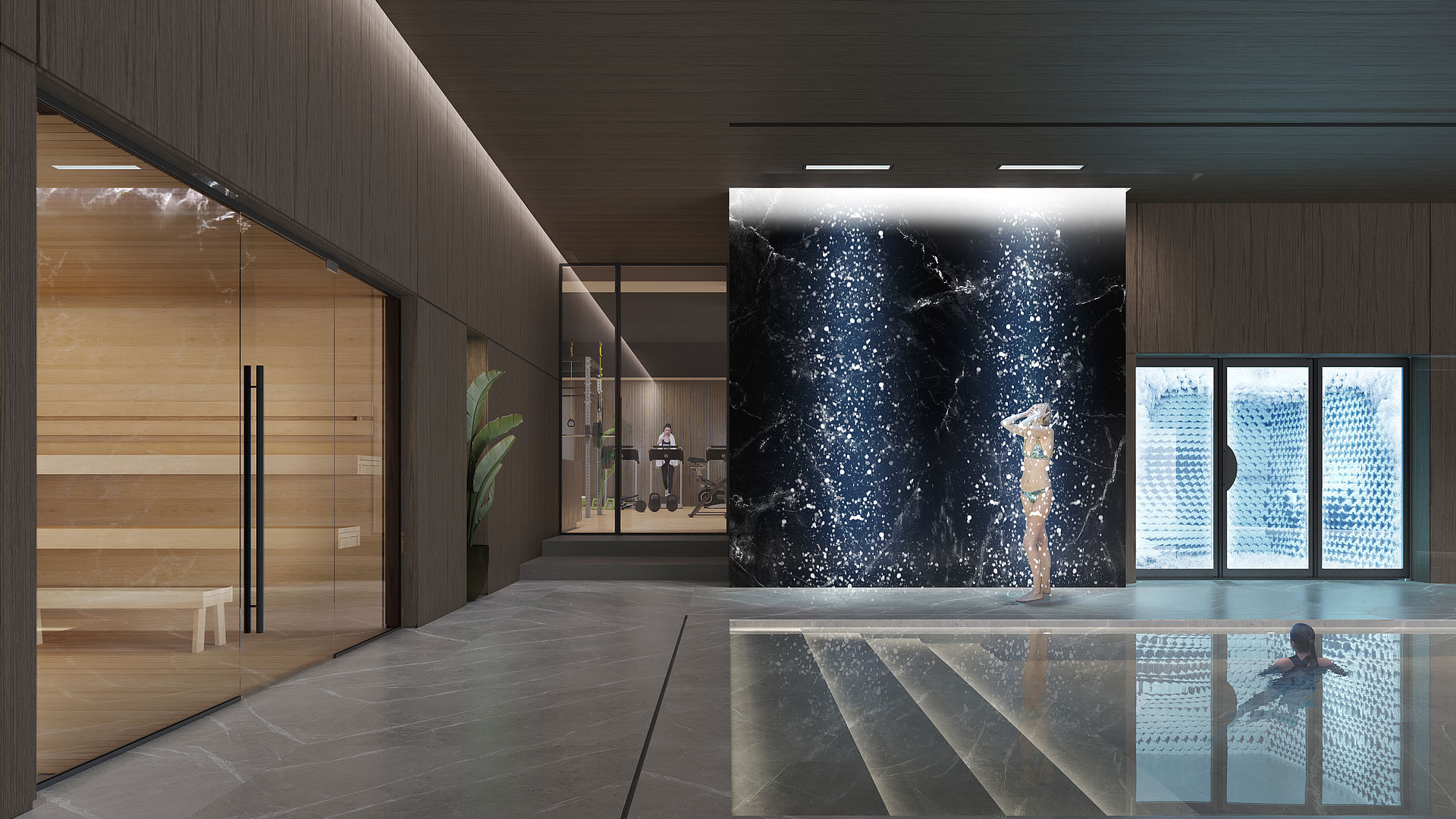 TechnoAlpin SnowRoom wellness rendering: wooden sauna on left, shower against marble wall and woman in pool beside textured snow and ice wall feature