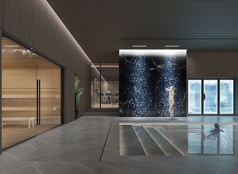TechnoAlpin SnowRoom Wellness-Rendering: Holzsauna links, Dusche vor Marmor-Wand und Frau im Pool neben Schnee-Eiswand