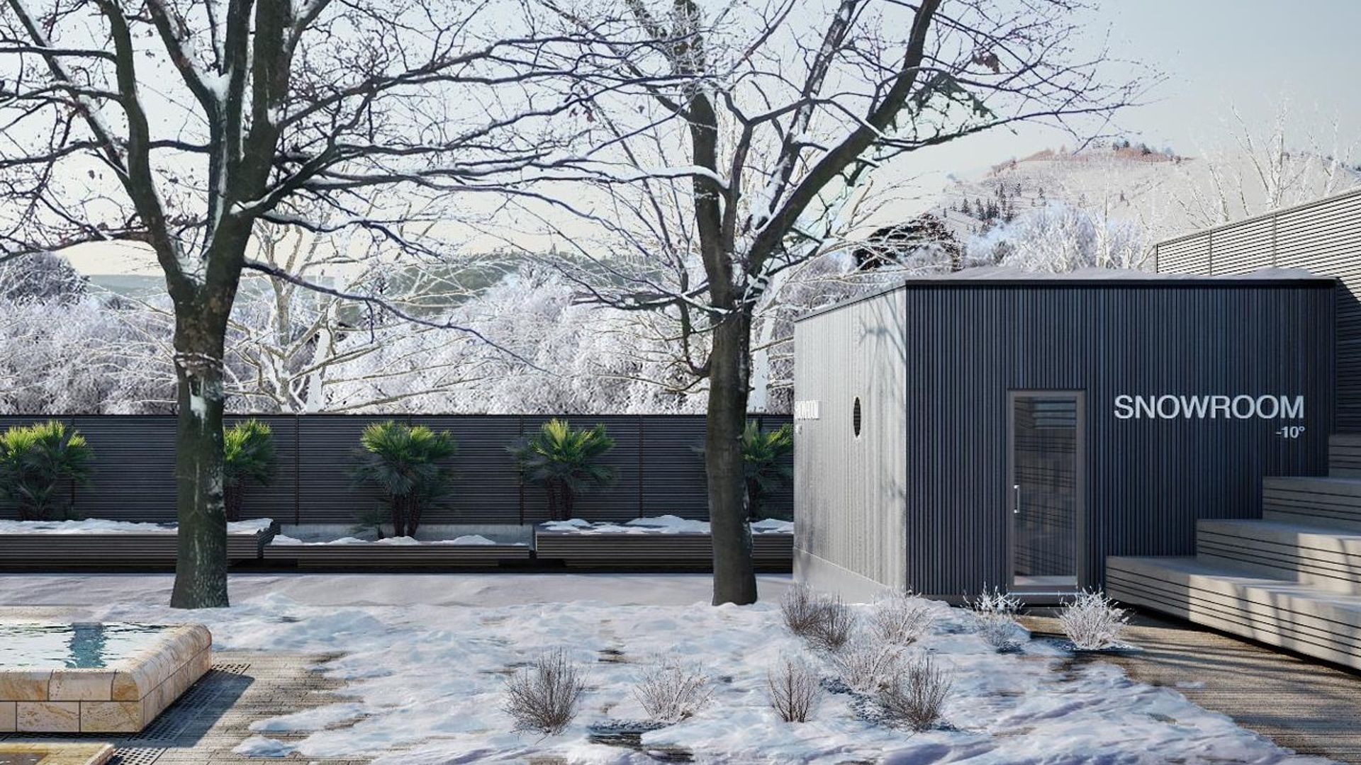 Outdoor snow room cabin in snowy garden with bare trees
