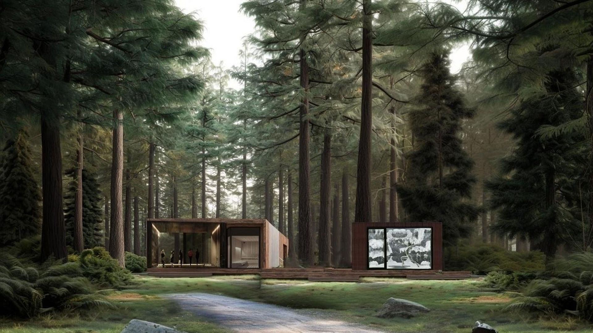 Modern wooden pavilion with snow room window in dense coniferous forest