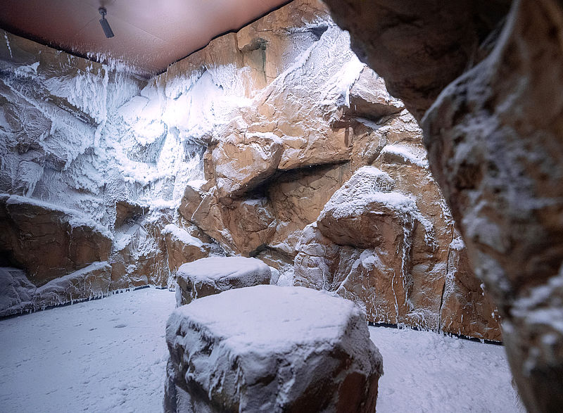 Paesaggio di rocce innevate nella SNOWROOM indoor con neve artificiale sulle pietre