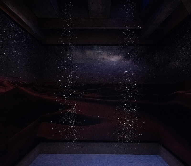 Dark snowroom with starry sky projection and red desert landscape, falling snow