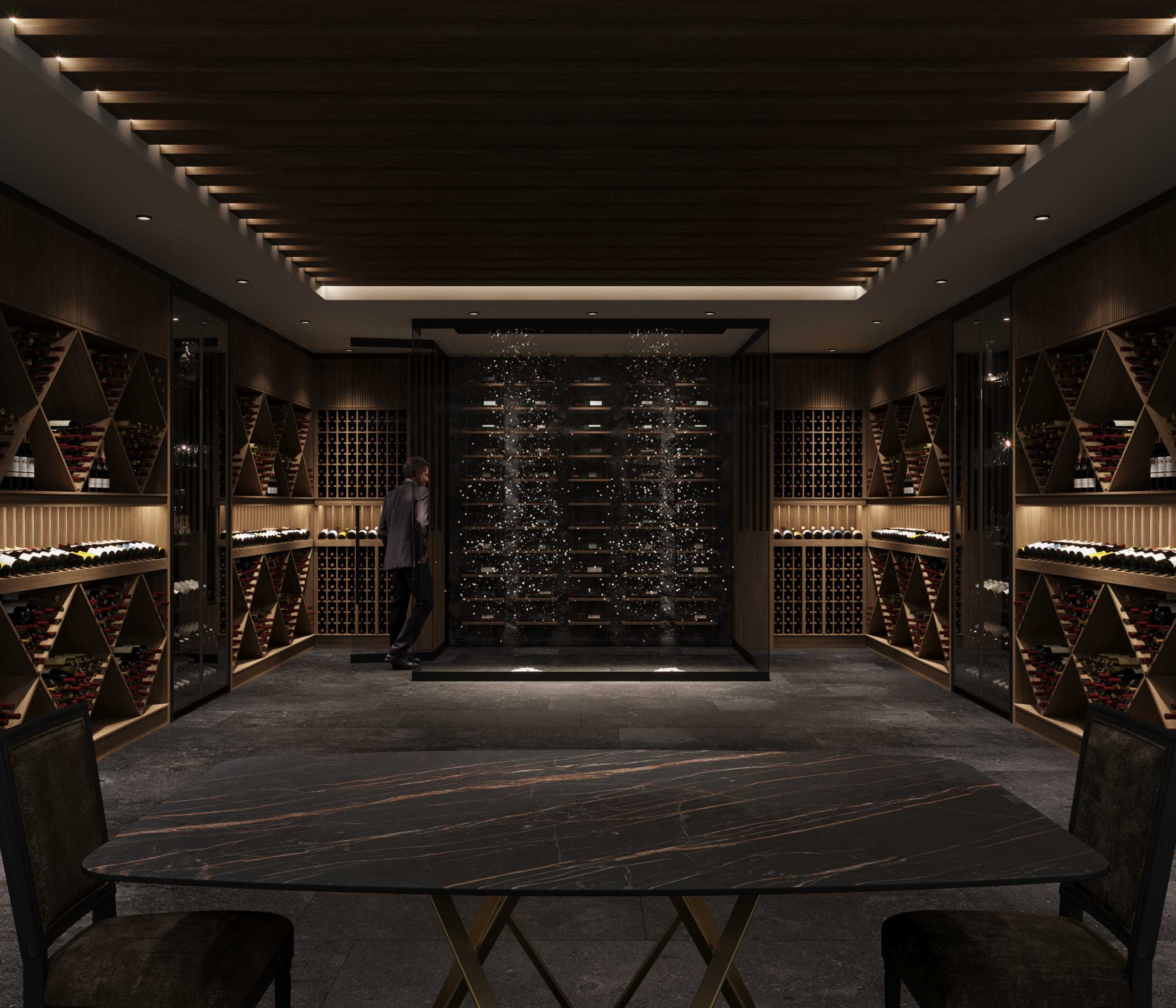 Elegant wine cellar with snow-fall showcase and illuminated wine racks